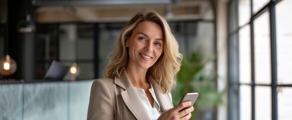 Smiling mature businesswoman using her phone in the office. Small business entrepreneur looking at her mobile phone and smiling while communicating with her office colleagues. 