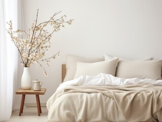 A photo of a bed with neatly arranged white sheets and pillows, adorned with a vase filled with fresh flowers.