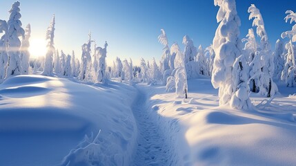 Frozen forest covered in white snow on a sunny day. Snowy winter landscape of a forest in...
