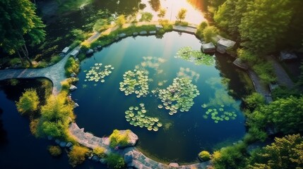 Beautiful green summer forest with a clean pure lake. Forest landscape with clean mountain water lake. Shot of summer woods. Drone shot nature composition. Beautiful natural landscape.