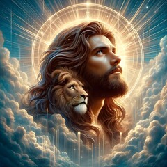 Jesus Cristo com Leão entre as nuvens - obrazy, fototapety, plakaty