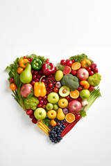 Overhead View Of Fresh Healthy Fruit And Vegetables Arranged Into Heart Shape On White Background