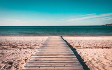 Fototapeta premium Blank Wooden Planks Framed by a Dreamy Blur of Beach and Sea - A Captivating Canvas of Tranquility.