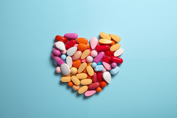 Overhead View Of Prescription Drugs Pills And Tablets Arranged Into Heart Shape On Blue Background