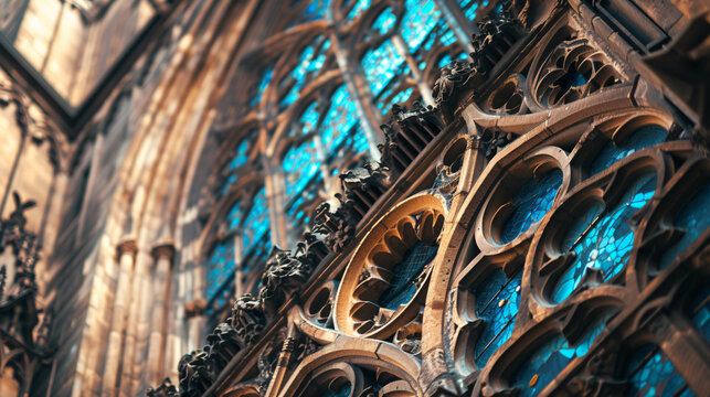 Fototapeta An intricate close-up of Gothic architecture details highlighting the craftsmanship of stone carvings and stained glass windows.