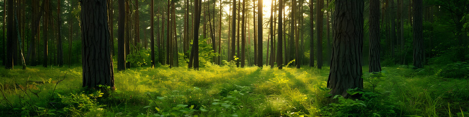 bamboo forest in the morning, sunset. pine. green relaxing. background, horizontal, landing page, banner