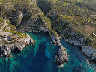 Aerial drone View Of Porto Limnionas Beach In Zakynthos Island Greece. Porto Limnionas Beach...
