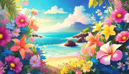 Fototapeta na wymiar beach with tropical flowers