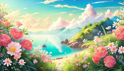 beach with tropical flowers