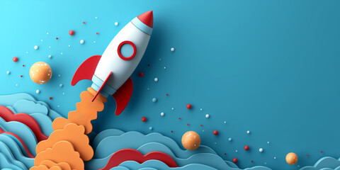 3D model of rocket rockets rocketing upwards with charts on blue background concept of financial take off growth, luck in the