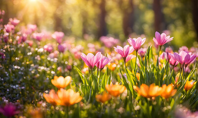 Fototapeta premium Sunny spring field: Vibrant flowers under the sun