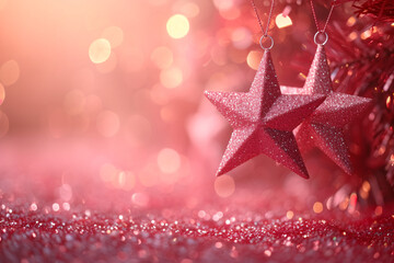 Birthday Background Pastel Peach Colours delicate powder pink Glitter Stars hang with soft caramel brown copy space 