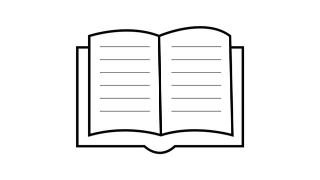 Animated open book line icon on a white background.