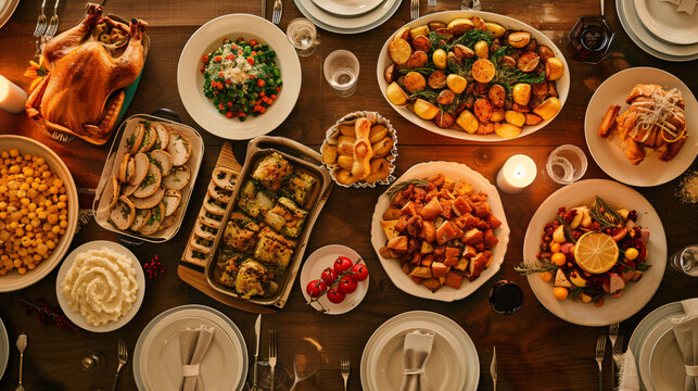 An Overhead Shot Of A Family Dinner Table During The Holidays Filled With Various Dishes Showcasing The Joy Of Sharing And Tradition.