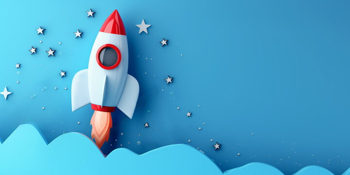 3D model of rocket rockets rocketing upwards with charts on blue background concept of financial take off growth, luck in the