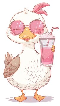 A cartoon chicken with sunglasses holding a drink
