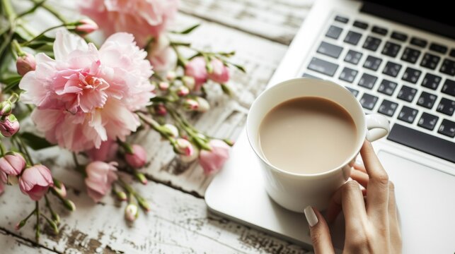 A woman holding a cup of coffee next to a laptop