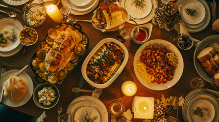 An overhead shot of a family dinner table during the holidays filled with various dishes showcasing the joy of sharing and tradition. - obrazy, fototapety, plakaty