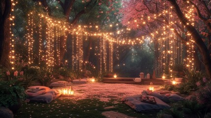 There are many candles that are lit up in the woods