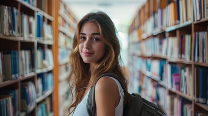 Portrait of female student in university library ready for learning. Education concept. Curiosity fuels her as she delves into the world of books.