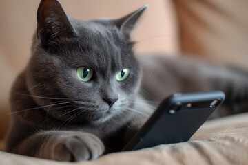 Beautiful grey cat looking into the phone, code working the phone
