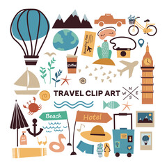 Beach and Summer icon collection. Travel, travel abroad and summer vacation trip. Hand drawn vector illustration. Perfect for sticker kit, scrapbooking, poster, tags