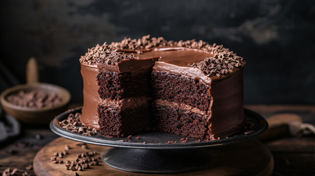 A decadent chocolate cake with a slice being lifted the rich layers and frosting perfectly showcased.