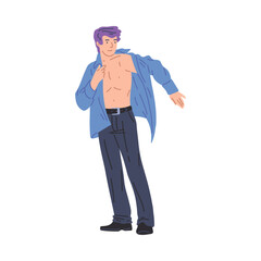 Man putting on shirt, changing clothes vector illustration