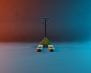 Yellow hand forklift in blue and red coloured light. Studio shot.