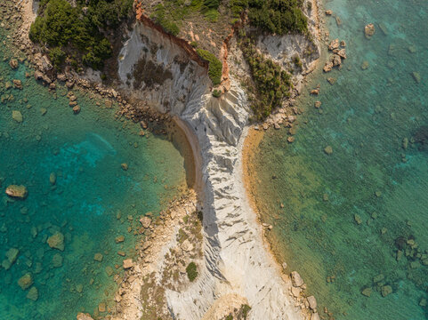Aerial drone view of  Vasilikos Gerakas beach in Zante, Zakynthos. Jason's bite on Zakinthos island, Greece. Gerakas Beach. Zakynthos, at Cape Gerakas in Greece.