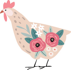 Cute pastel pink hand drawn hen bird with flowers pattern. Decorative floral design. Symbol of Easter, springtime. Isoalted vector illustration. Domestic farm animal. Chicken icon, clipart.