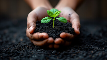 Close up of hands gently cradling a young green plant, symbolizing hope and the start of new life in fertile soil.