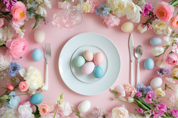 Festive table for St. Easter day with beautiful flowers and colourful eggs beautiful setting in delicate tones