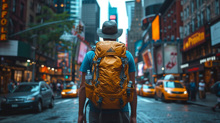 Obraz premium Backpacker man walking in the city background