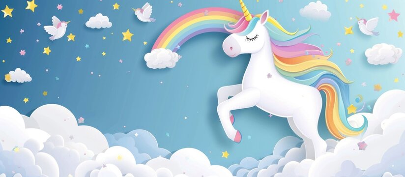Colorful Unicorn pastel rainbow and clouds on blue sky background.AI generated image