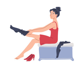 Young woman in red dress wearing a black stockings, vector happy dressing or changing apparel at home, getting ready