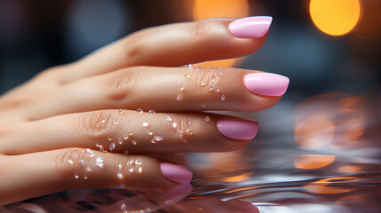 wide manicure banner background image with beautiful fingers of a lady hand with polished pink color nails and smooth skin color with water drops 