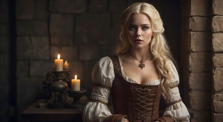 Fototapeta premium portrait of a platinum blonde with a beautiful face in medieval clothes