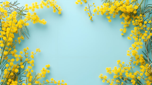 Empty Pastel Blue Background with flower border frame - card, banner, wallpaper decoration concept backdrop
