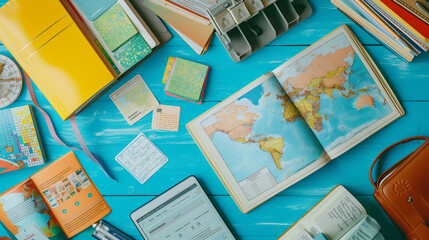 Fototapeta na wymiar A dynamic flat lay of a language learning setup featuring textbooks in multiple languages flashcards a world map and a tablet with a language learning app.