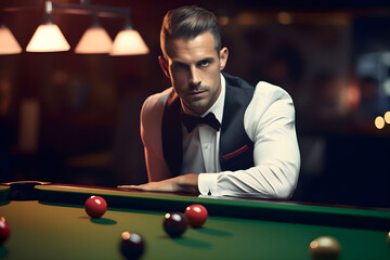 Handsome young man playing snooker and looking at camera - Ai Generated