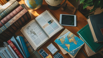 A dynamic flat lay of a language learning setup featuring textbooks in multiple languages flashcards a world map and a tablet with a language learning app. - obrazy, fototapety, plakaty