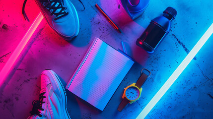 A dynamic flat lay of sports and fitness planning tools including a workout journal sneakers a...