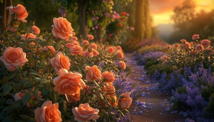 Elegantly Displayed Roses in Peach, Coral, and Lavender Shades - Lush Greenery in Rose Garden - Rows of Beauty and Elegance