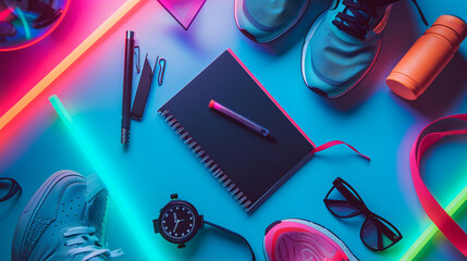 A dynamic flat lay of sports and fitness planning tools including a workout journal sneakers a water bottle and a stopwatch on an energetic neon background.