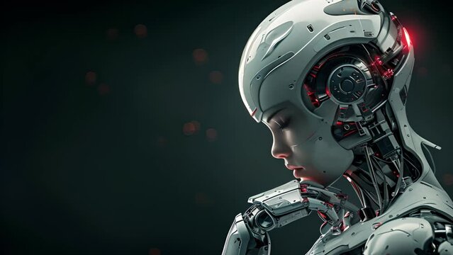 Female Cyborg thinking on dark background. 4k Video footage