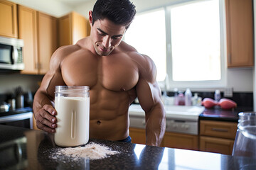 Muscular Man Preparing a Protein Shake in a Modern Kitchen Setting