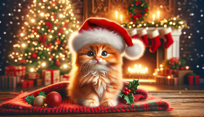 Fototapeta na wymiar Merry Christmas. Holiday. A cute little red cat wearing Santa's hat. Tradition.