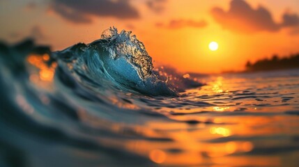A close up of a wave in the ocean with the sun setting in the background and the ocean in the foreground,