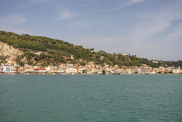 Fototapeta premium Zakynthos pier town city. Harbor port of Zakynthos town seen from bochali view point, Greece. Panorama of the Zante Zakynthos town in Greece.
